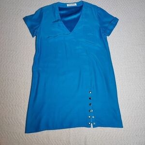 Amanda Uprichard Silk Shift mini Dress V Neck Side Slit  metal Fasteners Blue, L